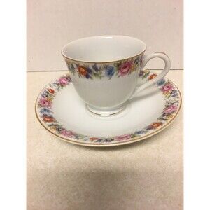 Tea cup and Saucer, Cherry China made in Occupied Japan Flowers With Gold Trim